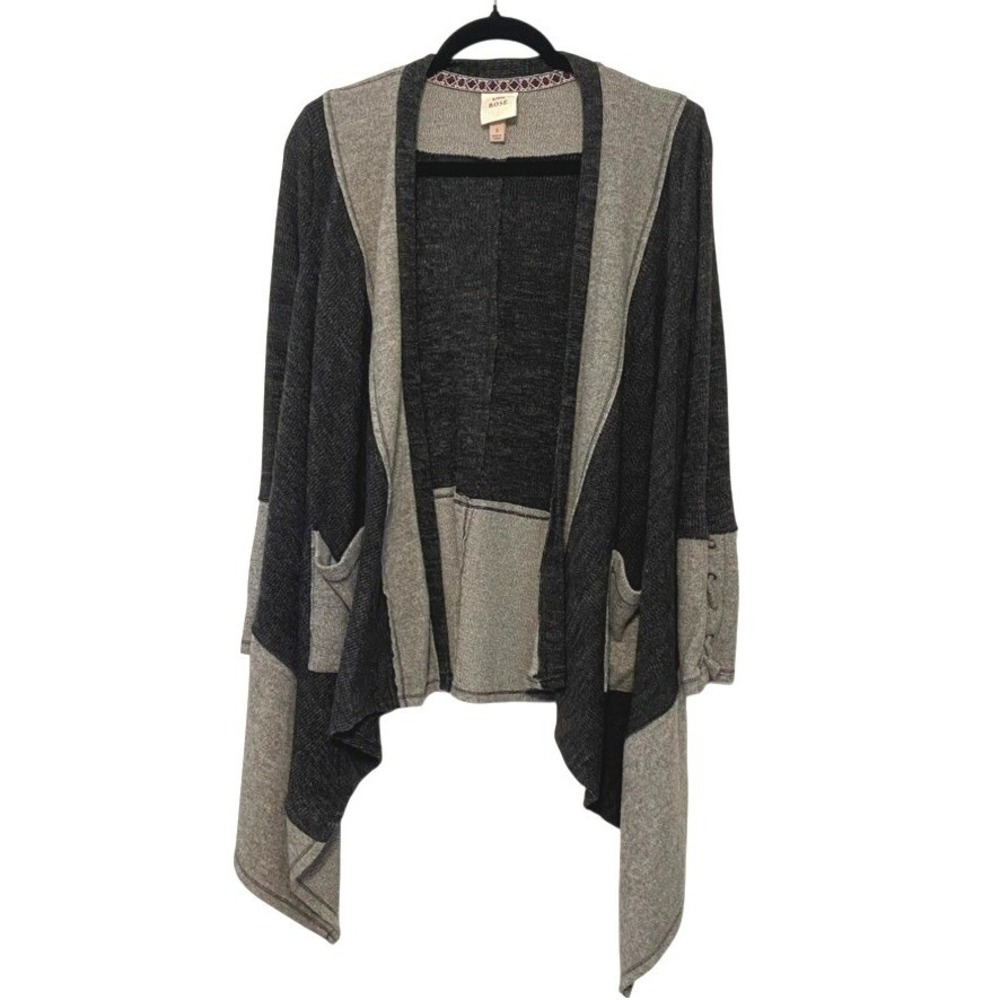 Knox Rose Colorblock Lace Up Sleeve Open Front Draped Cardigan Gray S Boho
